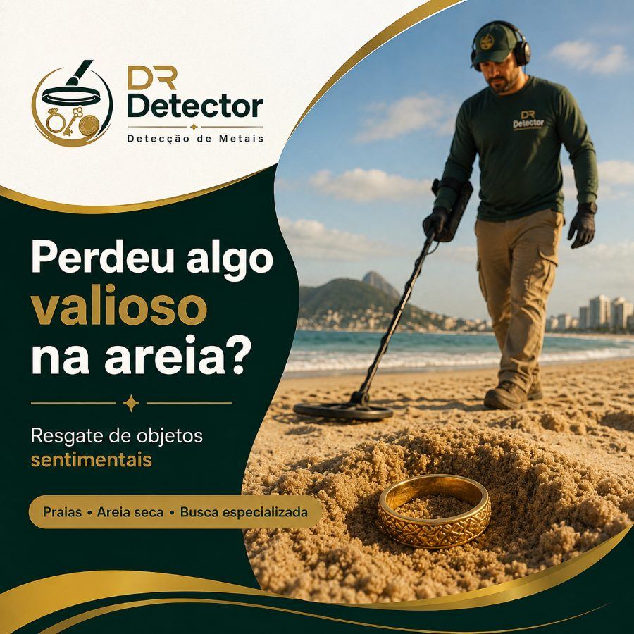 Busca de alianca de ouro perdida na areia da praia