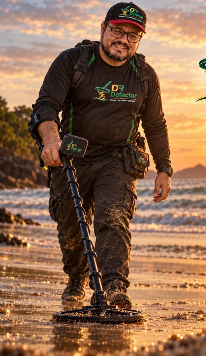 Leonardo Correia, o Dr. Detector, com detector de metais na praia ao por do sol